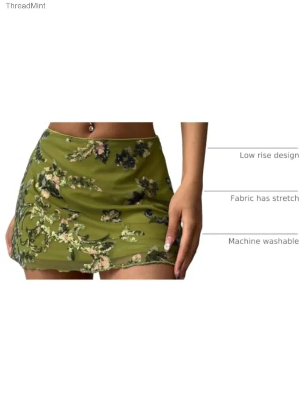 Sequin Mini Skirt Embroidered Low Rise A-Line Stretch Party Wear